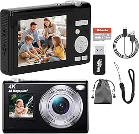 Câmera Digital,Fotográfica 48MP 4K,Câmera Compacta para Vlogs com Tela Dupla, Cartão de 32 GB, Zoom Digital de 16x e Estabilizador de Imagem, Ideal para Iniciantes (Preto)