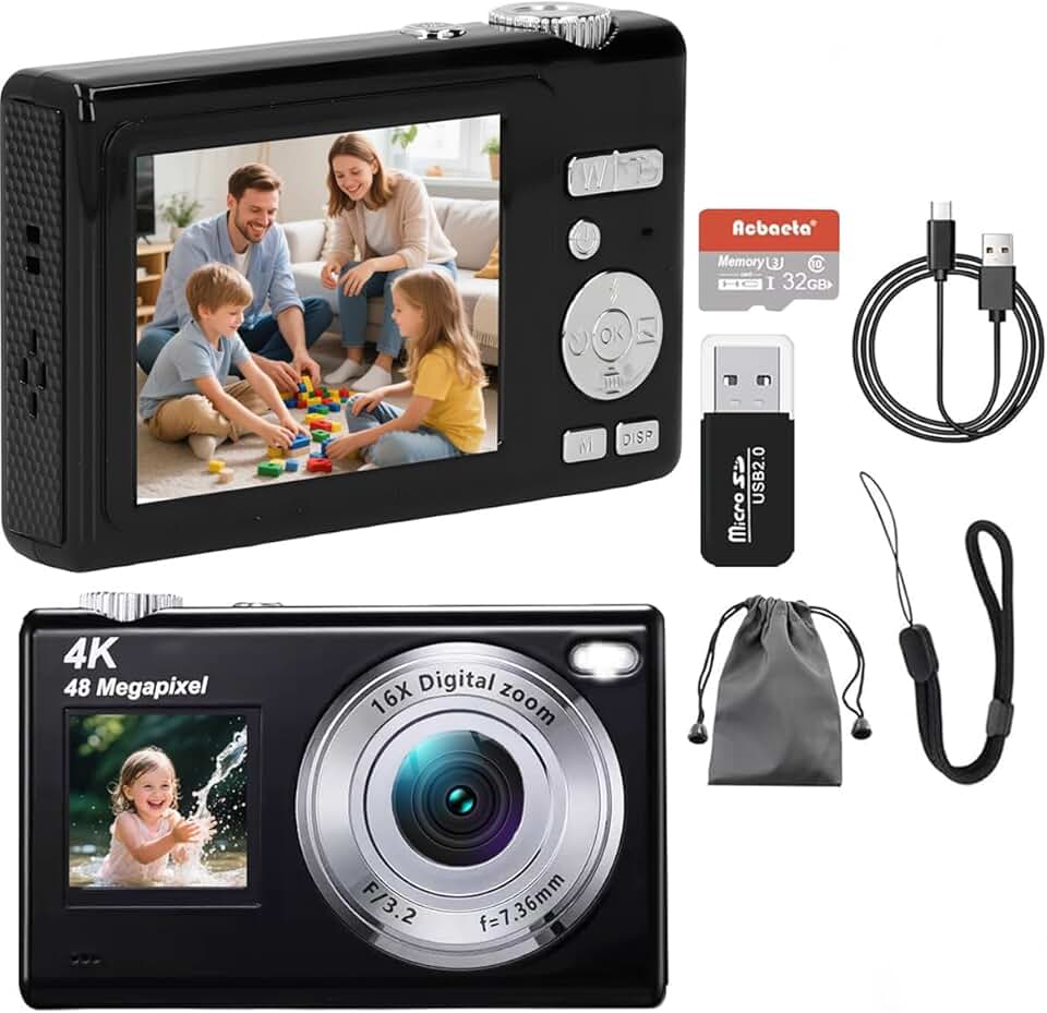 Câmera Digital,Fotográfica 48MP 4K,Câmera Compacta para Vlogs com Tela Dupla, Cartão de 32 GB, Zoom Digital de 16x e Estabilizador de Imagem, Ideal para Iniciantes (Preto)