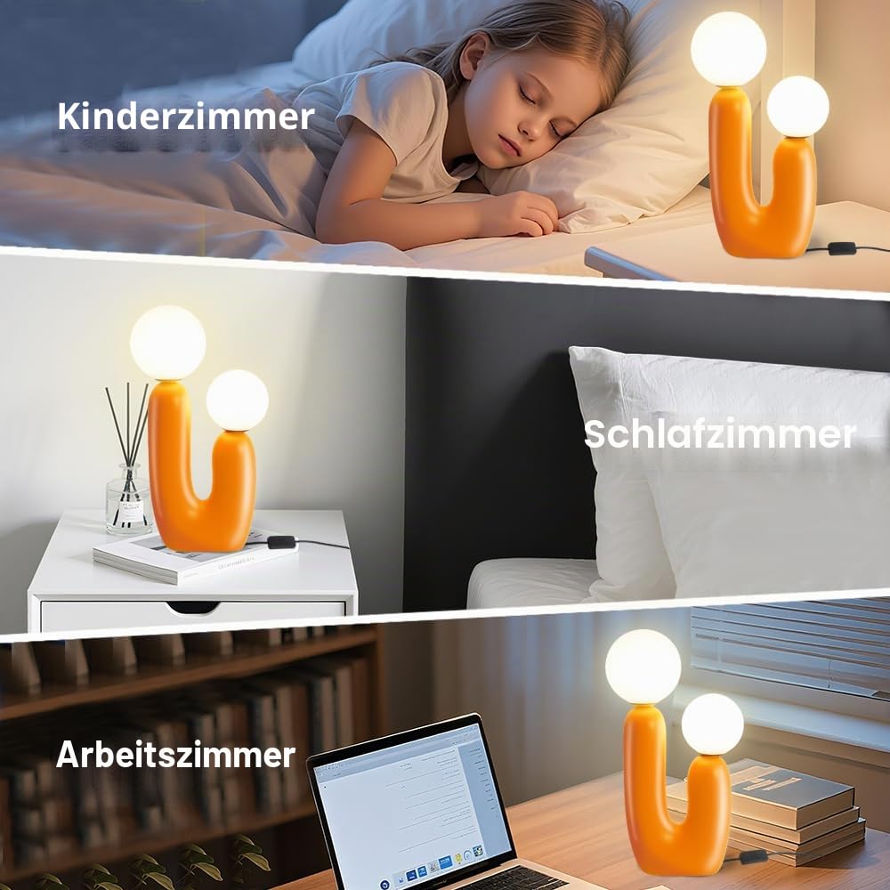 LED Tischlampe Niedliche Kaktus Nachttischlampe,Moderne Deko Pilz Lampe für das Schlafzimmer,Orange Harz Schreibtischlampe mit 2 Kugel Lampenschirmen,lustige Geschenke für Kinder und Familie,G9-Sockel