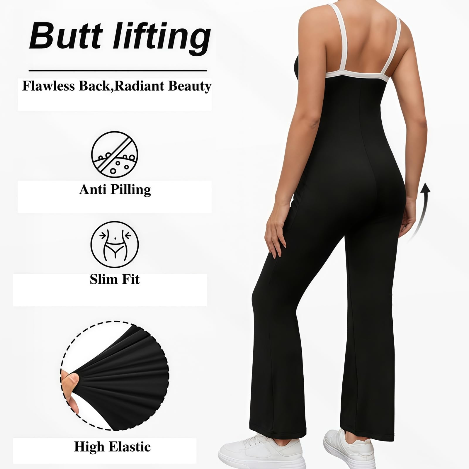MANJIAMEI Ärmelloser Umstands Jumpsuit Schwarz Camisole Yoga-Jumpsuit Nahtlose Body mit Weitem Bein U-Ausschnitt Lang Sport-Overall Schmale Passform Freizeit Workout Freizeitkleidung