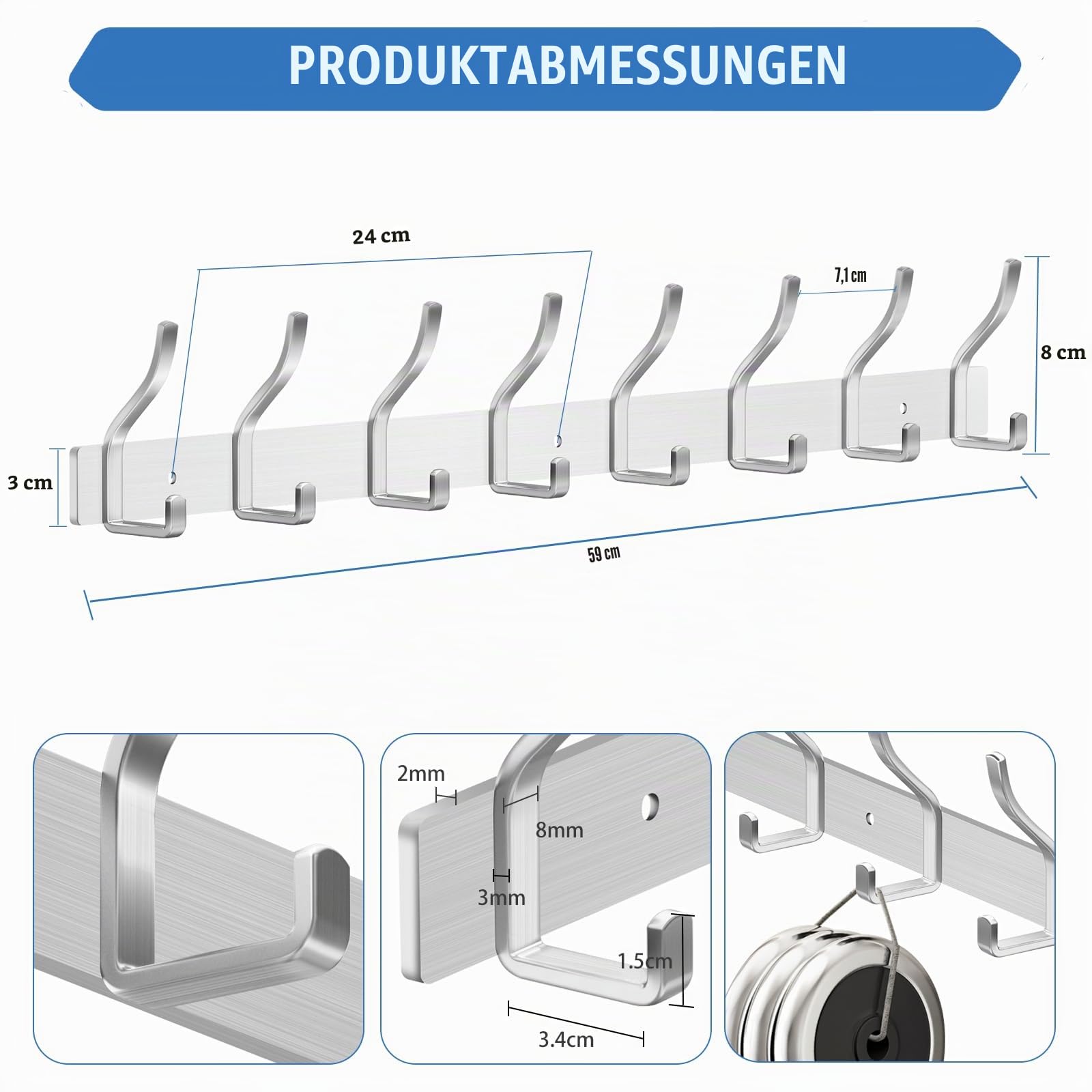 Garderobenhaken Edelstahl, Kleiderhaken Wand Jackenhalter, Schwerlast Garderobenleiste Wandgarderobe Hakenleiste Garderobe Wandhaken (Gebürstete Silber, 8 Haken 2 Stück)