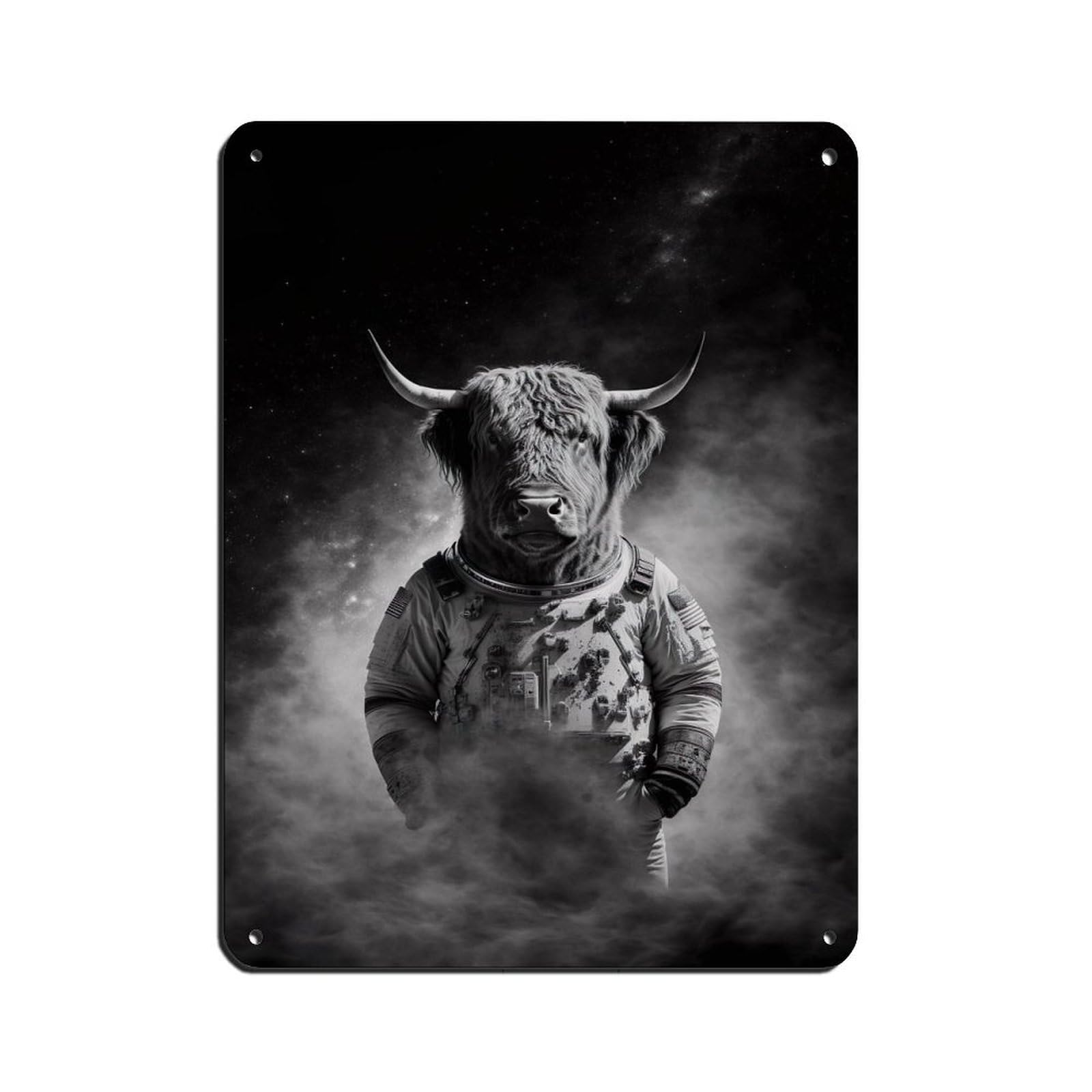 Highland Cow in A Spacesuit, Animal in Space Tin Sign Vintage Metal Pub Club Cafe Bar Home Wall Art Decoration Poster Retro 12x16inch(30x40cm)