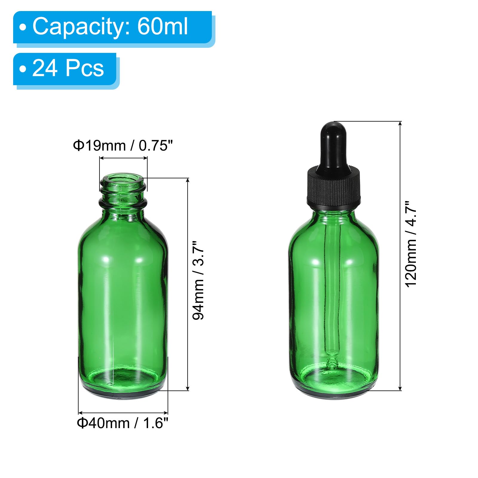 PATIKIL Frasco Gotero De Vidrio De 60ml, 24Pcs Envase Antifugas Para Muestras De Aceites Esenciales Perfume Líquido Con Cuentagotas Para Almacenamiento Hogar Viaje Verde
