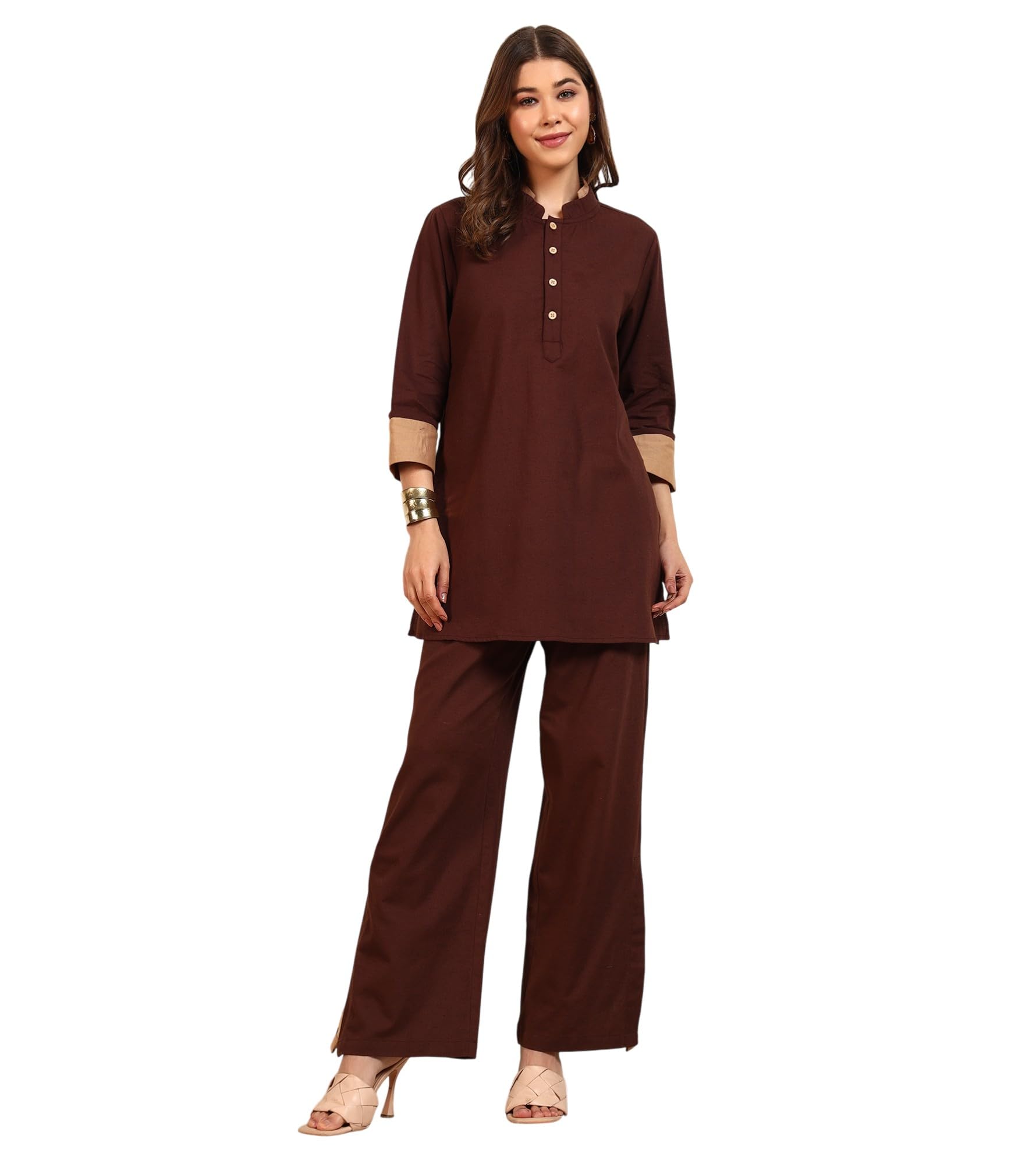 Women's Solid Cotton Flex Kurta with Ankle Length Slit Pant Co-Ord Set|Cuff Sleeve|Mandarin Collar|Long Dresses for Woman Western|Two Piece|Traditional Party Casual Wear