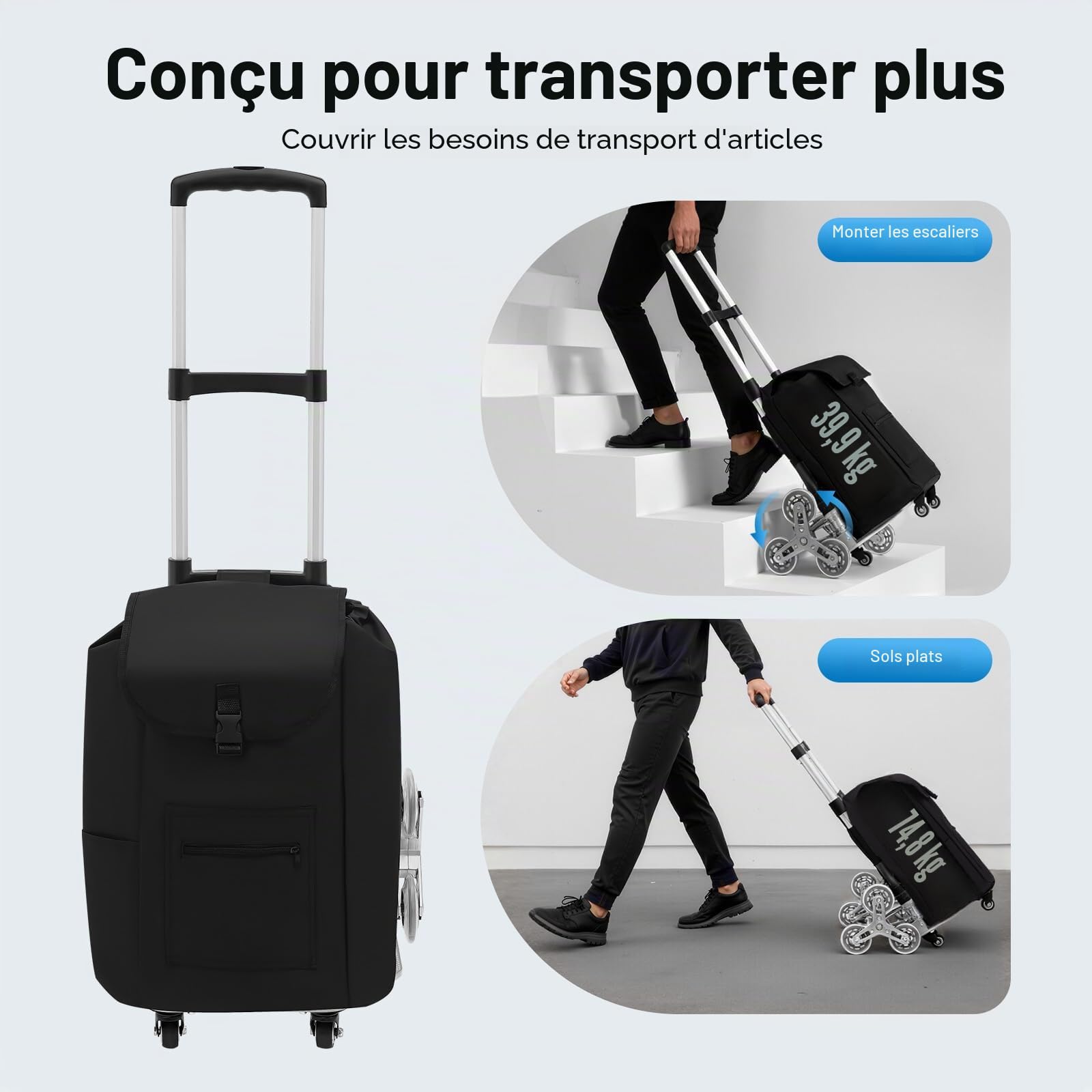 Chariot d'escalier pliable, diable en aluminium, poignée réglable en hauteur sur trois niveaux, roues silencieuses et sac étanche amovible pour déménagement et objets lourds
