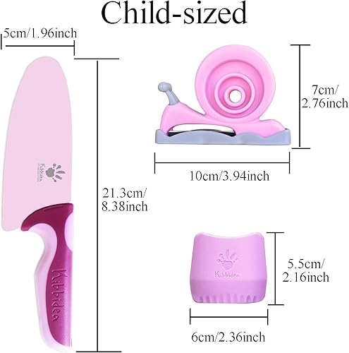 Miniatura 7 de Kibbidea Juego de cuchillos para niños, 4 piezas, juego de cocina para niños, de acero inoxidable, cuchillos de chef con pelador, protector de