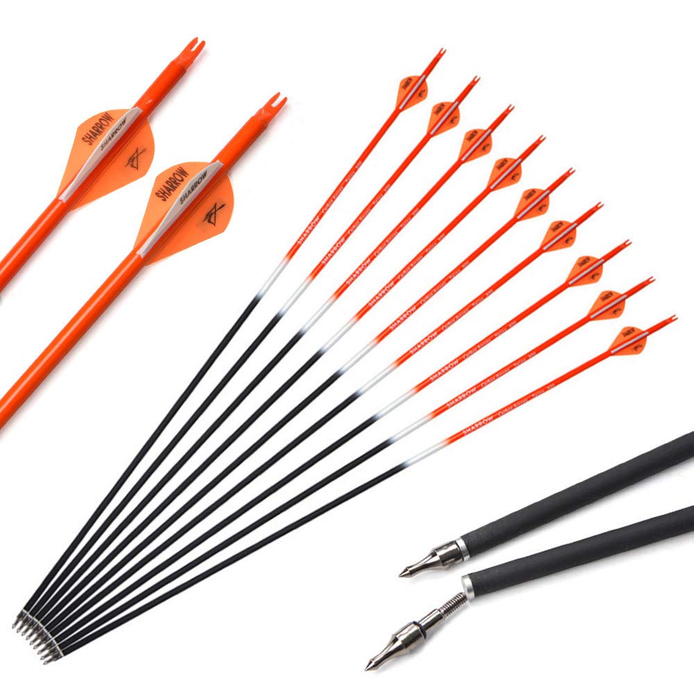 12pcs Archery Carbon Arrows 30 inch Hunting Target Arrows 500 Spine with Arrow Quiver for Recurve Compound Bow Shooting (Orange)