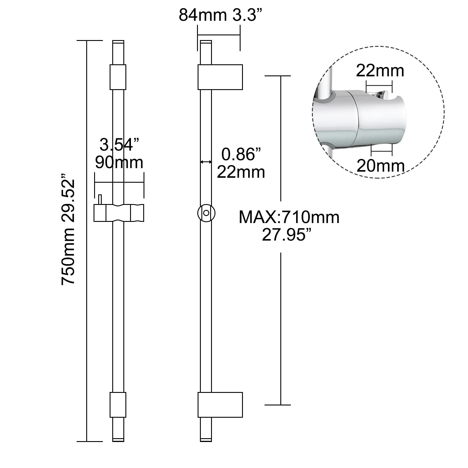 Tecmolog Asta Doccia Acciaio Inox 75 cm Saliscendi Doccia Regolabile per Bagno, Cromo, BC4043-35