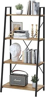 BON AUGURE Industrial Ladder Shelf Bookcase, 4 Tier Rustic Ladder Bookshelf, Standing Leaning Book Shelves for Living Room (Vintage Oak)…