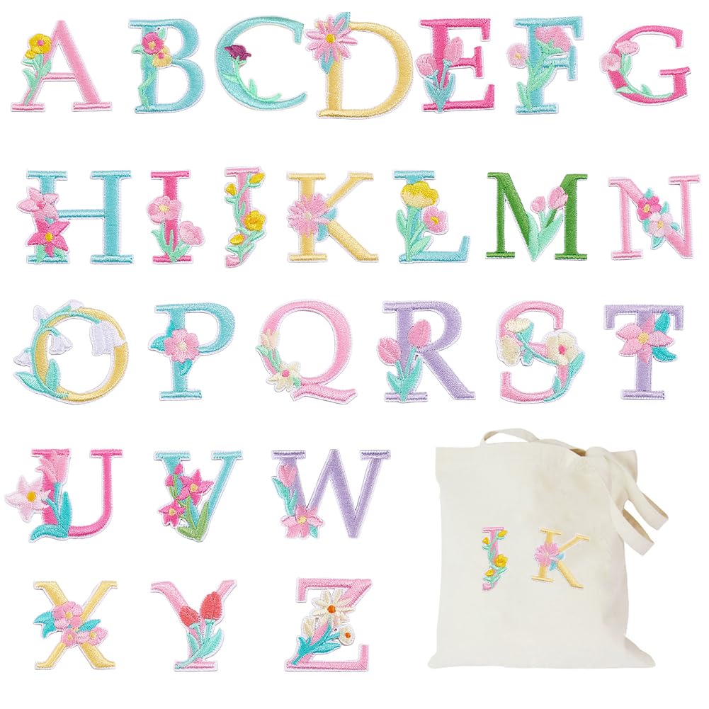 HOBBIESAY 26 Styles Alphabet A to Z Embroidered Patches Colorful Letter Flower Iron on Patches Decorate Repair Sew Letter Applique Patch for Clothes Jeans Hats Backpacks Bag Vests