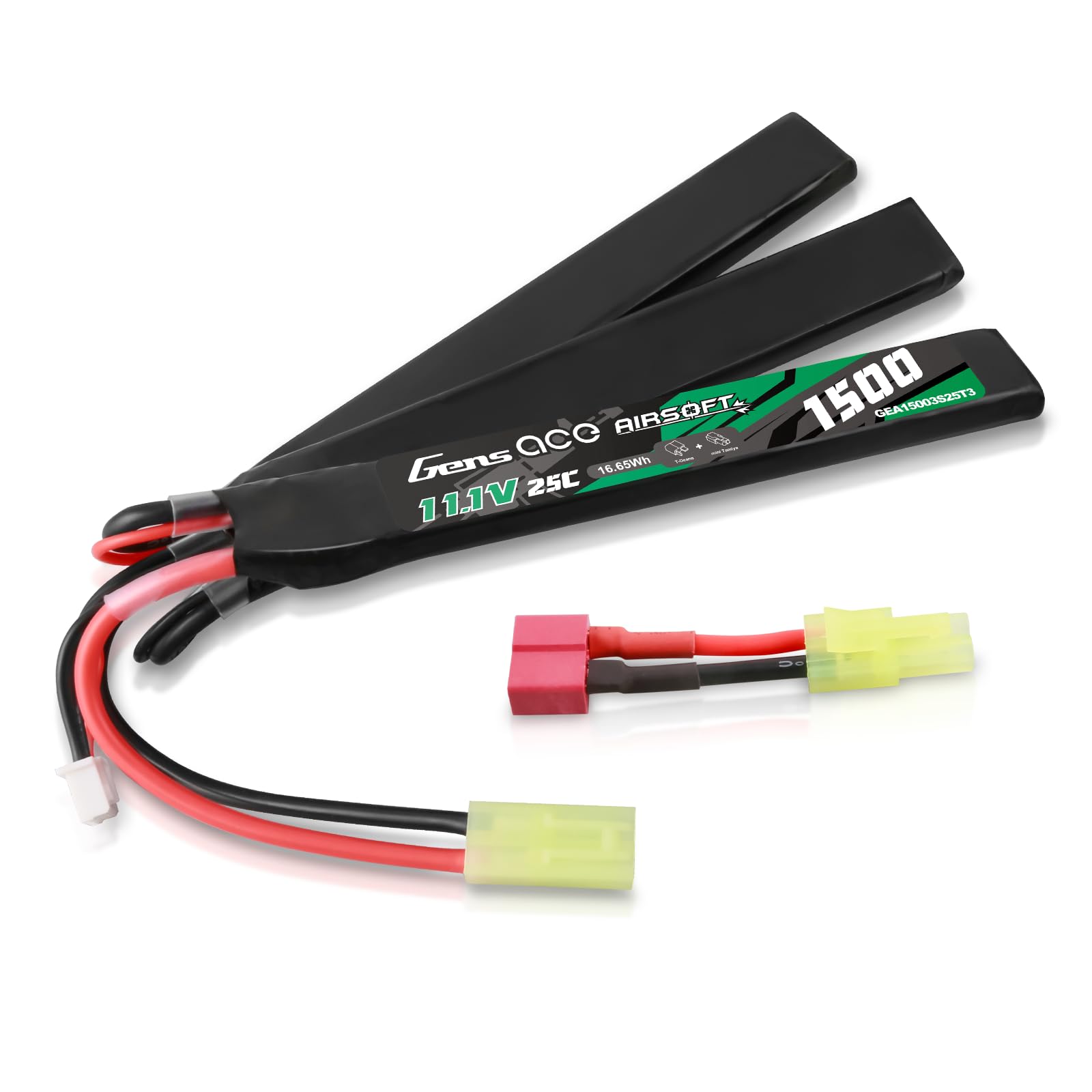 Gens Ace Batería LiPo 11,1 V 1500 mAh 25C 3S1P Batería Triple Dividida con Conector Estándar Tipo T, Compatible con Réplicas de Airsoft AEG