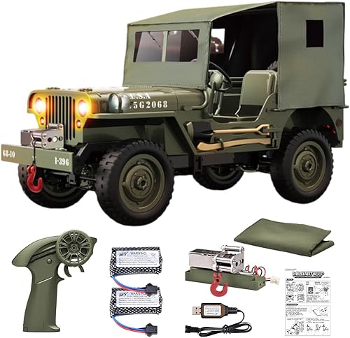 Camión militar RC Rock Crawler, 1:10 4WD Off-Road Control remoto Jeep militar con cabrestante, lona y 2 baterías, vehículo de escalada militar todo