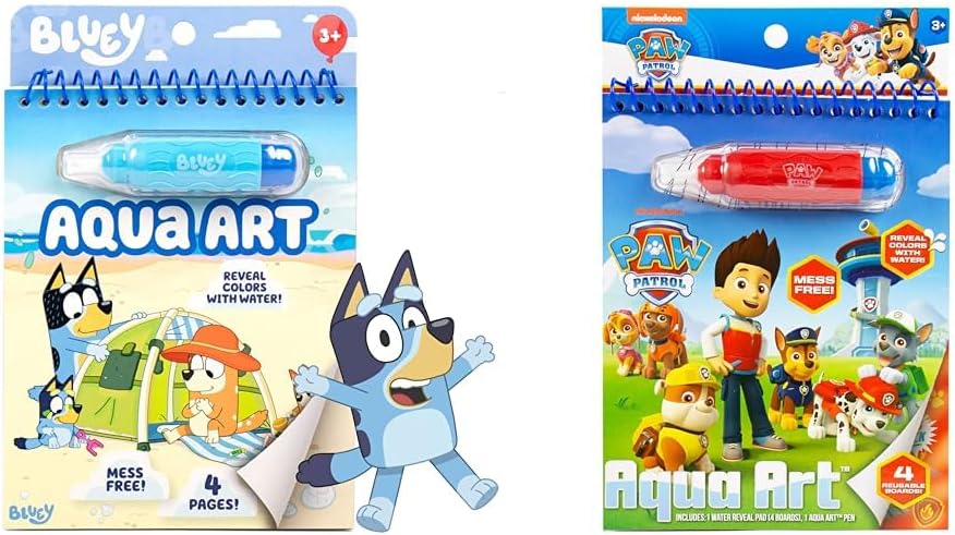 Horizon Group USA Bluey Aqua Art Reusable Water Reveal Activity Pages with Water Pen & Paw Patrol Aqua Art 4 Reusable Pages Bundle - No-Mess Drawing