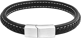 555Jewelry Stainless Steel Magnetic Clasp Thin Braided Black Leather Bracelet for Men, 9 Inch cm, Stainless Steel, No Gemstone