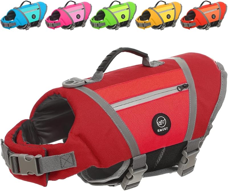 Colete salva-vidas para cães EMUST com faixas refletivas e ajuste por velcro, Vermelho, S