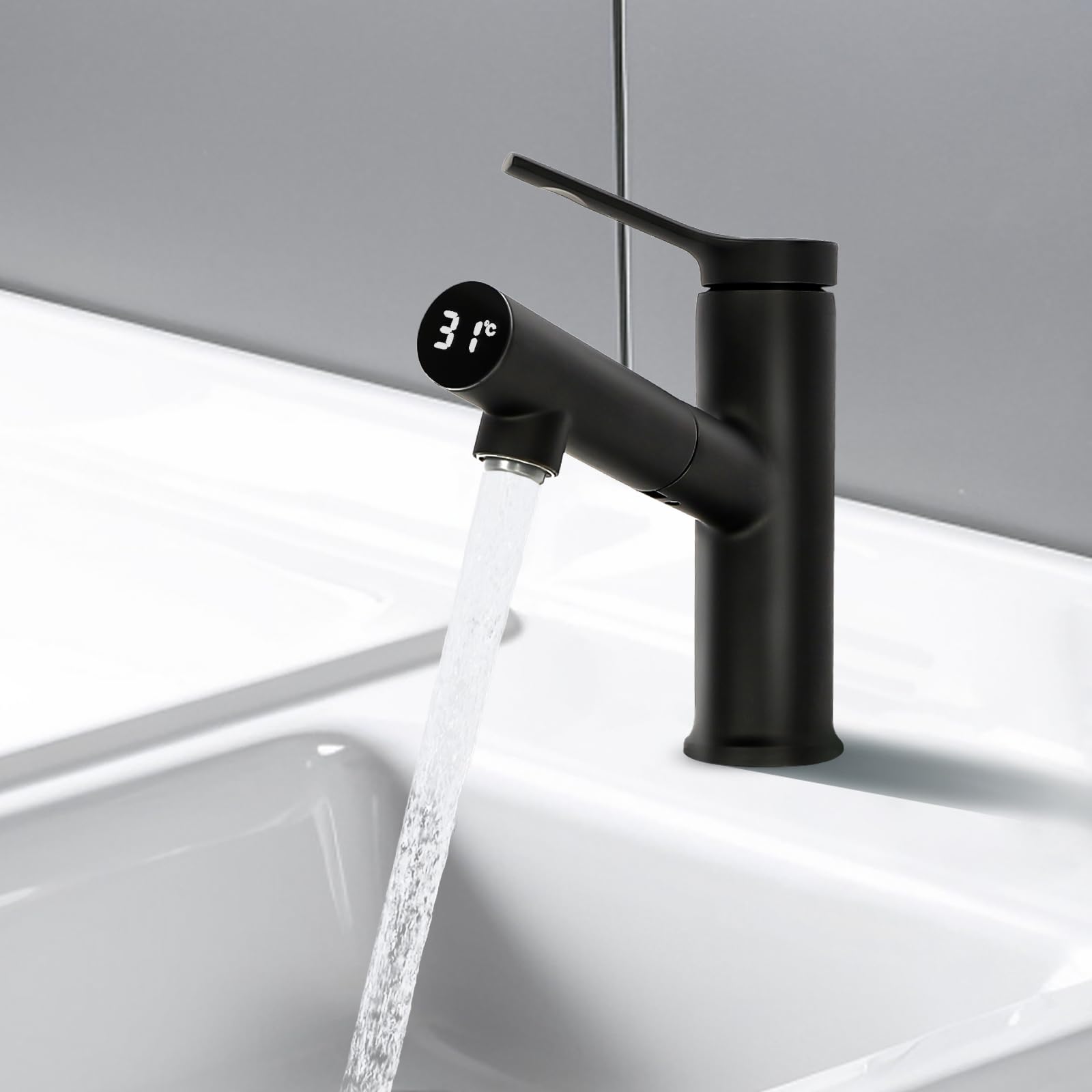 Grifo extensible con indicador de temperatura LED de latón, cartucho cerámico G1/2, monomando para agua fría y caliente, antigoteo para baño, lavabo, cocina, hotel, oficina (negro)