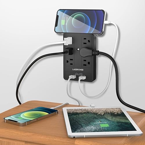 Miniatura 6 de Protector de sobretensiones 8 en 1, extensor de enchufe múltiple con 6 salidas y 2 puertos de carga USB compartidos 2.4A, divisor de enchufe de