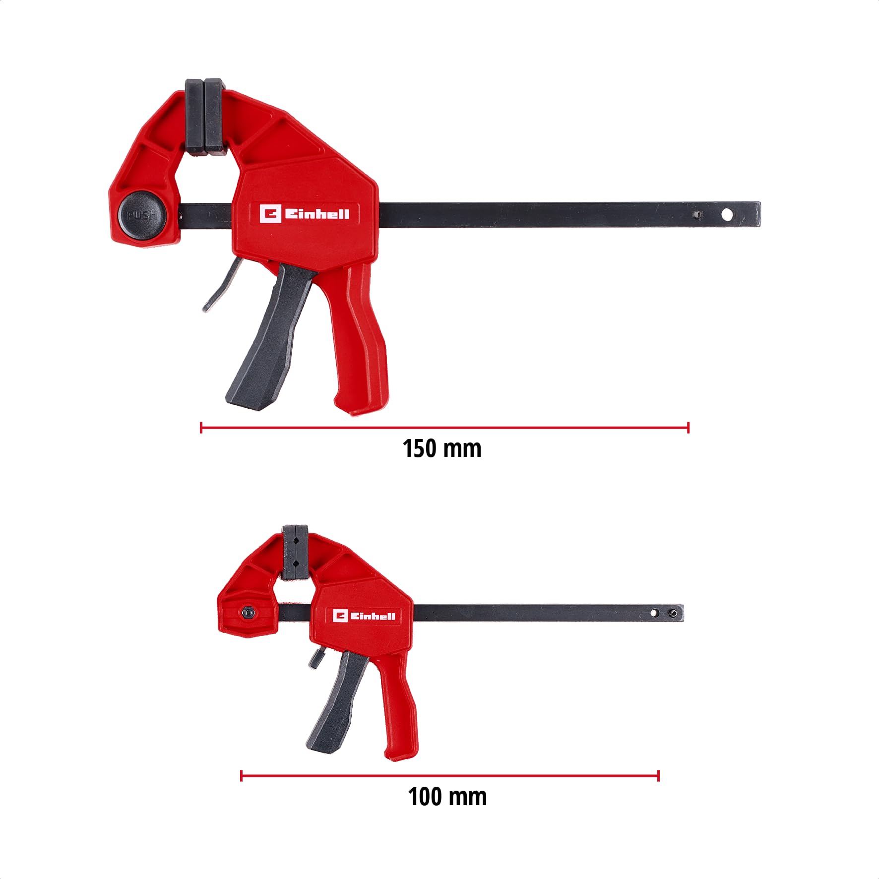 Einhell Einhandzwingen-Set 2 x 100 mm, 2 x 150 mm (Schnelllösegriff, 100/150 mm Spannweite, 20/60 kg Spannkraft, Spreizfunktion, Ausladung, werkzeugfreier Umbau)