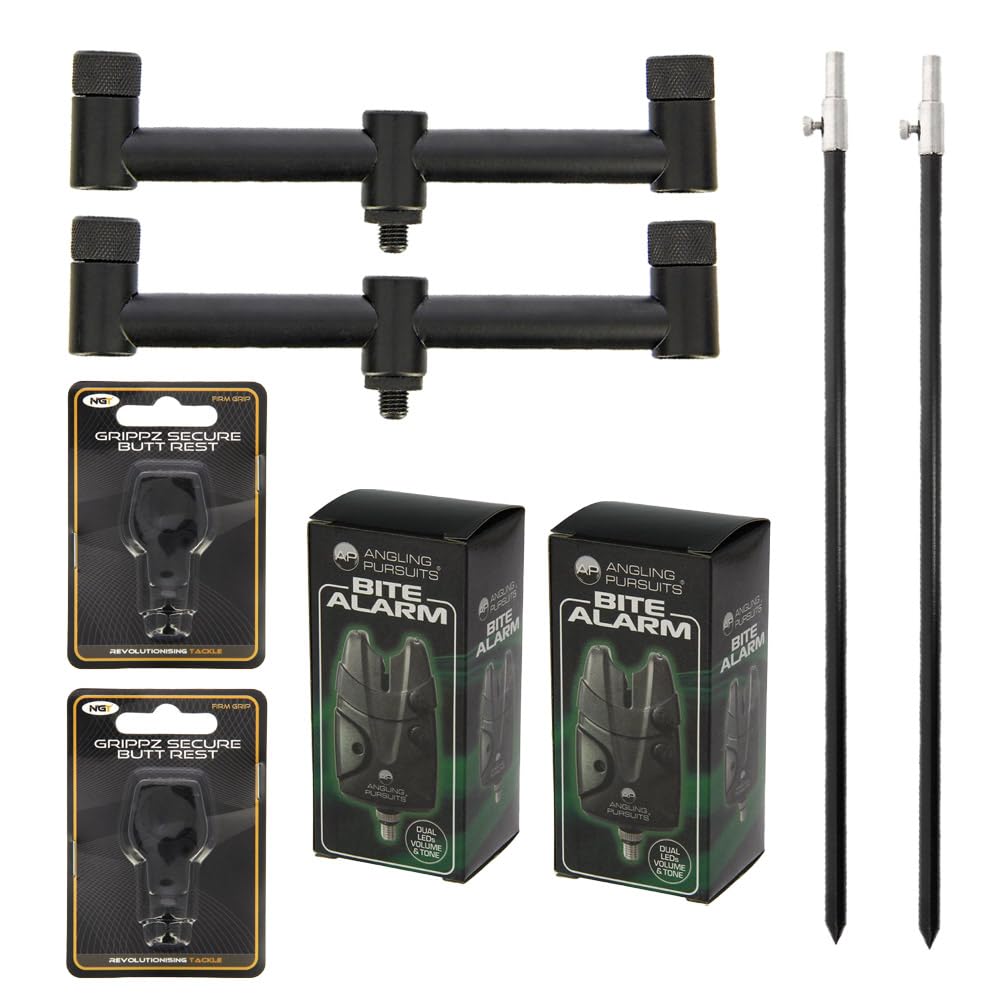 Ruten-Auflagen Set - 2 Teleskop Bank-Sticks 50-90 cm, 2 Buzzer-Bars, 2 Rutenhalter, 2 Bissanzeiger, Angelrutenhalter Set, Rutenauflage, Angelhalter, Angelrutenständer
