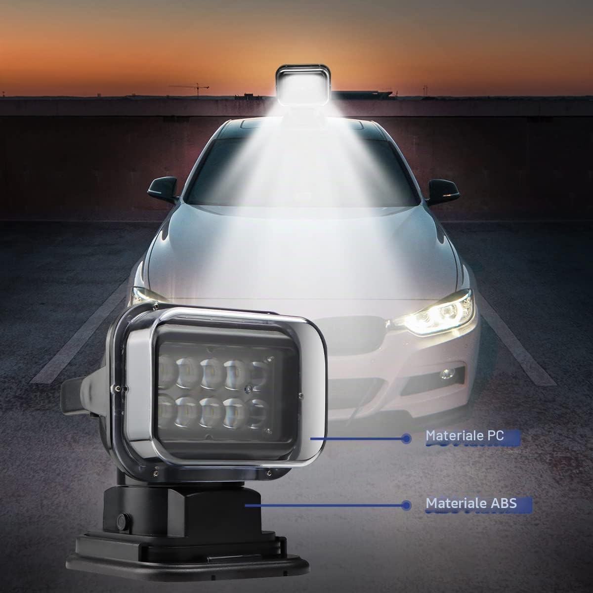 MARCHFA Faro da ricerca Led luce da lavoro telecomandato con piede magnetico luce da ricerca Chip Cree resistente alle intemperie ruotabile per auto offroad caccia barca giardino 50 W DC 12 V