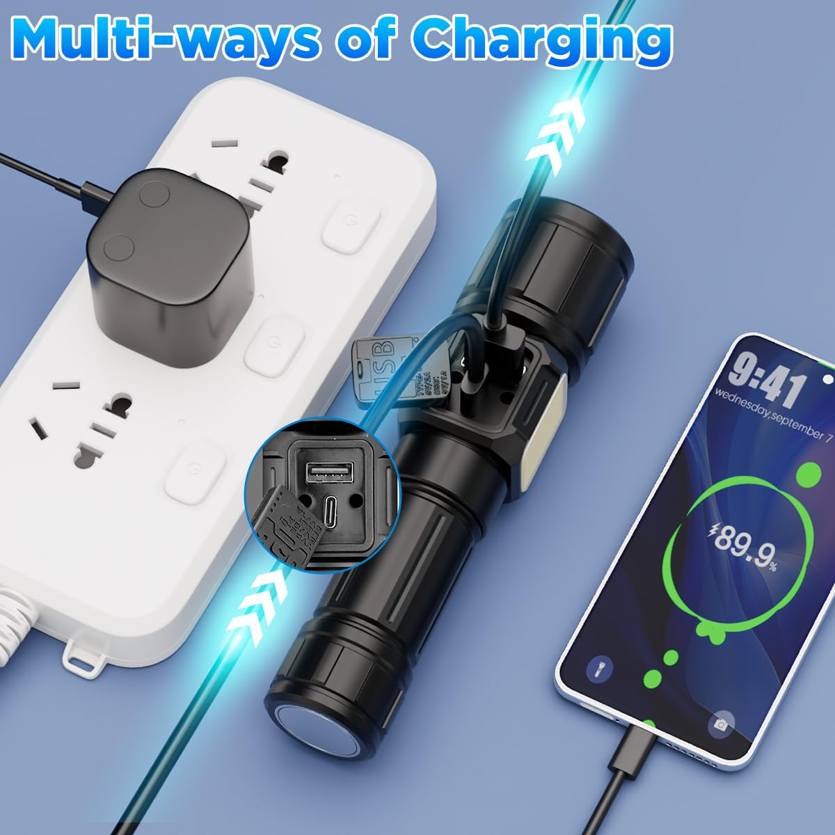 Lampe de poche LED rechargeable par USB - Extrêmement lumineuse - 10 000 lumens - Lampe de poche étanche avec 5 modes - Pour le camping, l'intérieur et l'extérieur