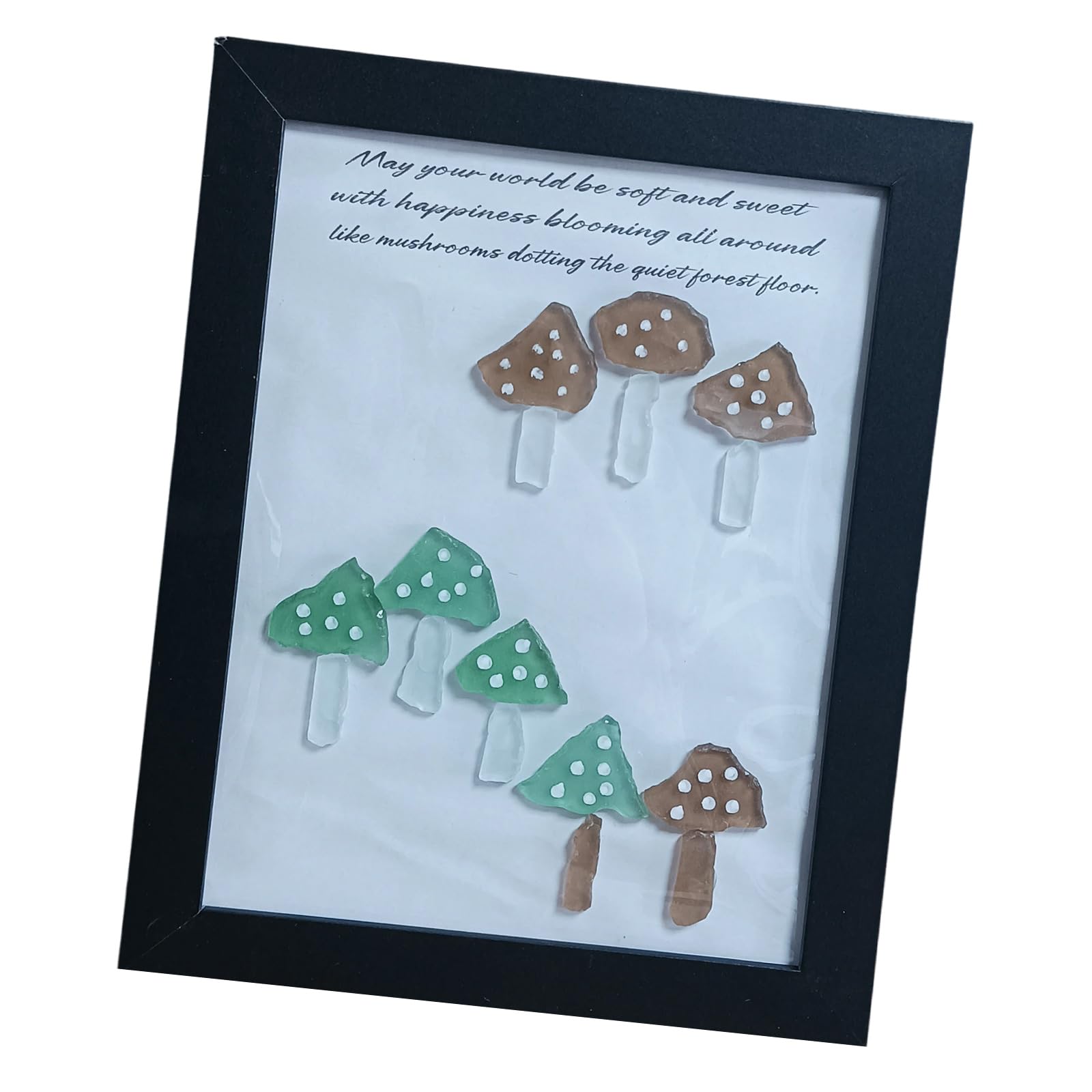 Kaeltsyn Multicolored Mushroom Themed Wall Art Sea Glass Framed Tabletop Ornament Home Decors for Birthday Holiday Gift Giving Coastal Theme Desk Decors