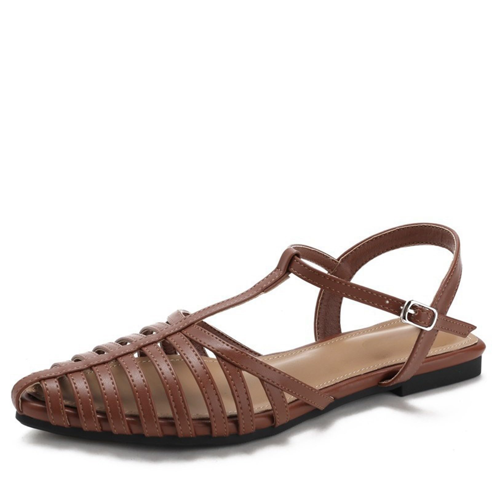 Damskie sandały retro klatka płaskie sandały T-Strap Hollow Out Gladiator buty vintage niski obcas letnie obuwie na plażę imprezę podróż, Brązowy, 39.5 EU