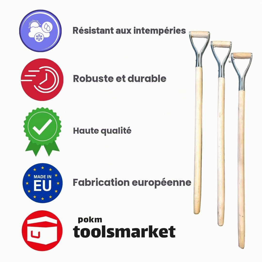 Lot de 3 manches de bêche en bois avec poignée en métal DY - Fabriqué en UE