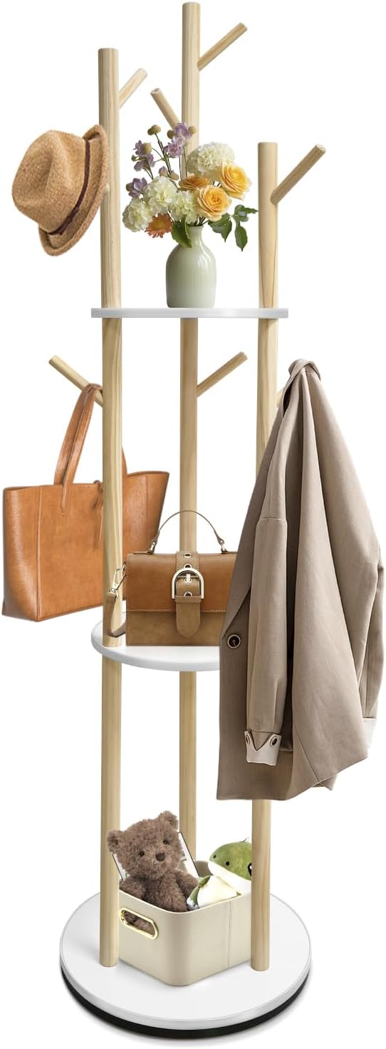 LIWSHWZ Solid Wood Rotary Coat Rack,Coat Rack Freestanding with 3 Shelves and 9 Hooks,Coat Hanger Stand for Purse,Bag,Hat,Corner Hanger Stand Racks for Hall,Entryway,Office,Modern Clothes Holder