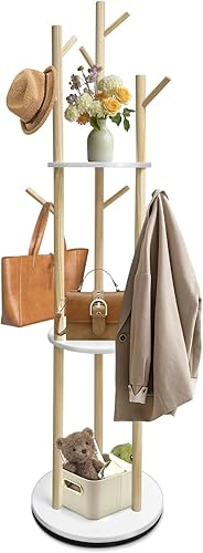 LIWSHWZ Perchero giratorio independiente, de madera maciza, con 3 estantes y 9 ganchos, resistente y fácil de montar, soporte de árbol para entrada,