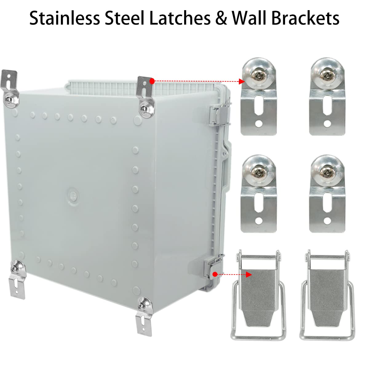 Junction Box, Hinged Cover Stainless Steel Latch IP67 Waterproof ABS Project Box with 2 Cable Glands, Electrical Box Enclosure with Mounting Plate & Wall Bracket 11.8 x 11.8 x 7.1inch