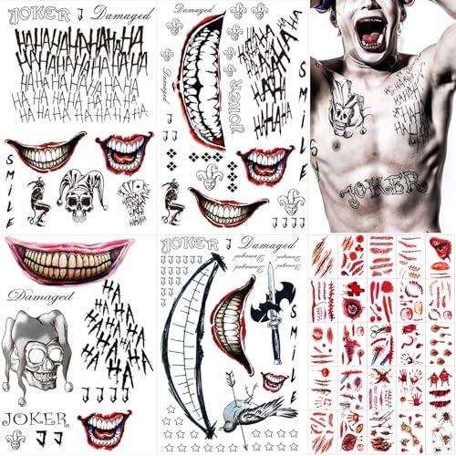 Image of Zeecdatoo 34 Sheets Halloween Temporary Tattoos, Joker Tattoos Halloween Cosplay Costumes and Party Accessories, Halloween Zombie Fake Scars Tattoos(Large Size)
