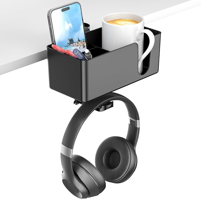 KDD 4-in-1 Desk Cup Holder with Headphone Hanger - Under Desk Headphone Hook with 2 Wire Holes - Rotating Headphone Hanger and Detachable Desk Storage for Cup, Phone and Pen (Black)