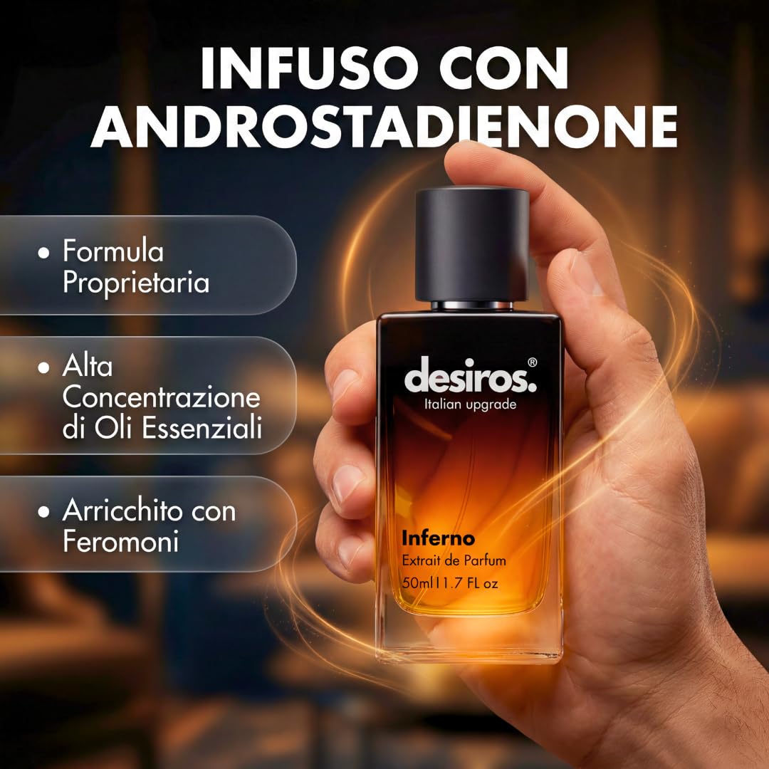 Desiros Inferno - Estratto di Profumo Uomo Italiano Seducente a Lunga Durata Intenso Elixir - Perfume di Marca - Parfum con Note Agrumate, Fresche, Legnose - 25% di Oli Essenziali - Regalo Uomo - 50ml