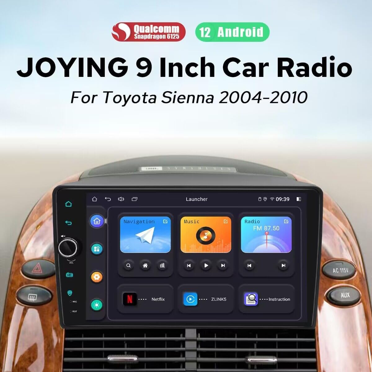 JOYING Car Radio for Toyota Sienna 2004-2010 Android 12 Head Unit 9 Inch Touchscreen Car Stereo 4GB+64GB with Wiress Carplay & Android Auto, Mirror Link, AM/FM Radio, 48-Band EQ(JY-TZ211N4)