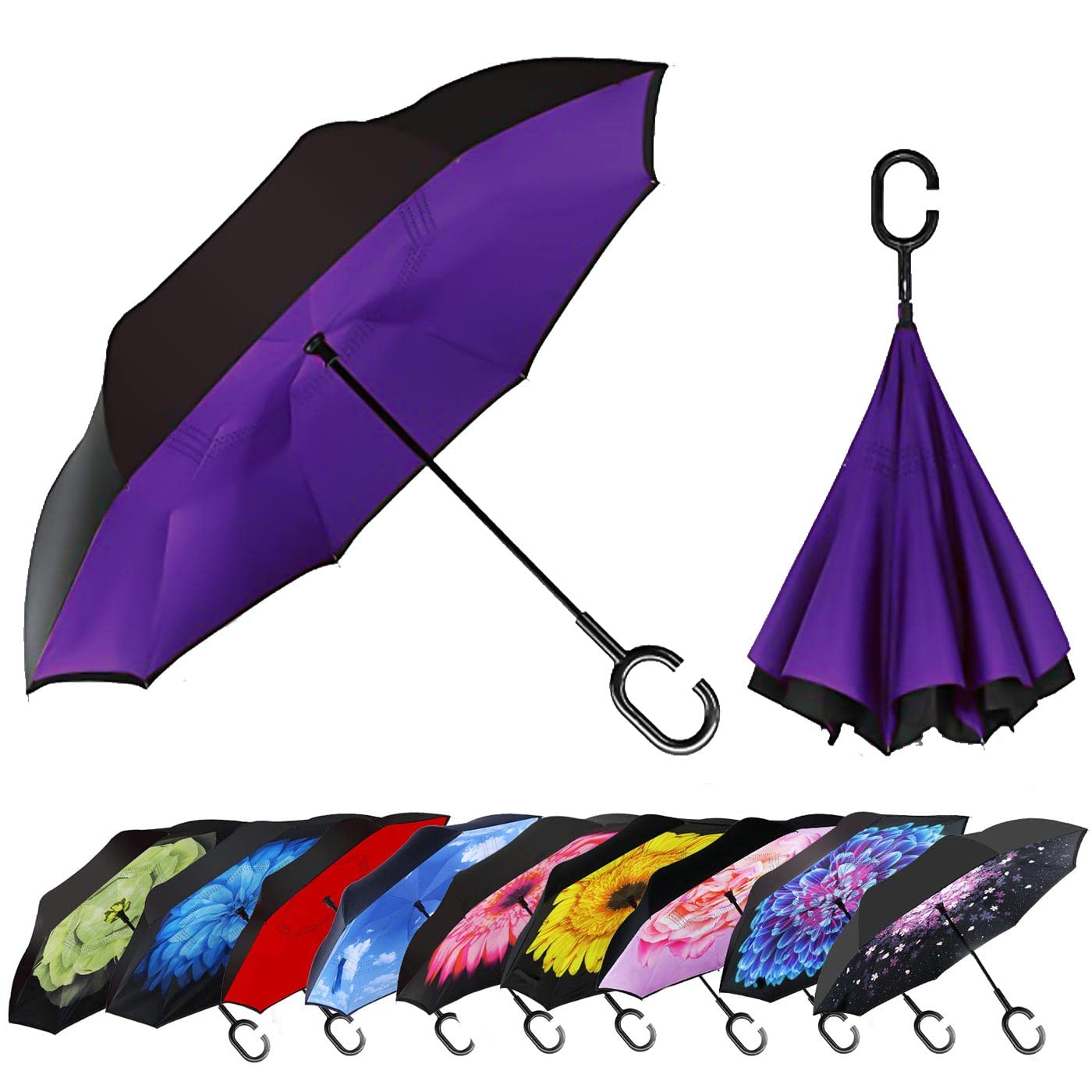 MRTLLOA 40/49/56 Inch Oversize Windproof Inverted Reverse Upside Down Umbrella, Golf Size Rain Umbrella, Double Layer, C-Shaped Handle for Men, Women