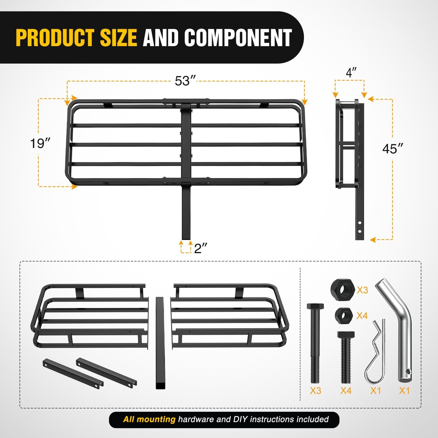 Nilight 53" X 19" X 4" Hitch Cargo Carrier Fits 2-inch Hitch Receiver 500 Lbs Capacity Basket Cargo Net|Ratchet Straps|Hitch Stabilizer for SUV Pickup Camping Traveling