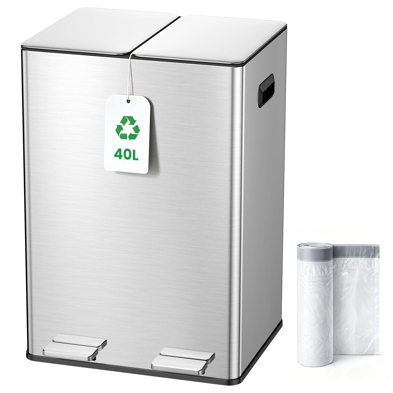 Kitchen Bin, 40L Double Bin, Tall Slim 2 x 20L Stainless Steel Pedal Bin, Dual Bin Rubbish Recycling with Soft-Close Lids and Plastic Inner Buckets, Trash Can for Narrow Spaces, Pure Silver