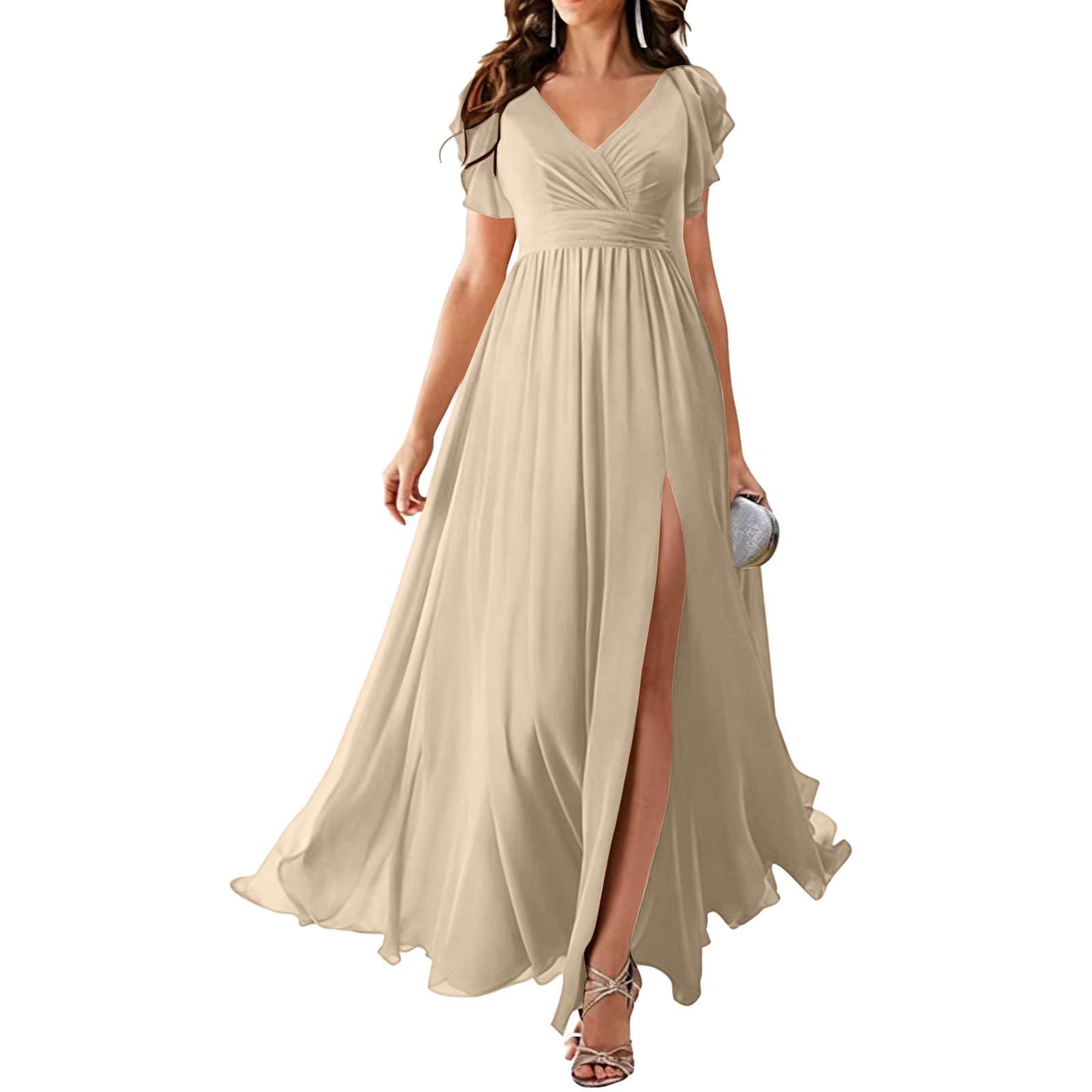 Generisch Kleid Hochzeitsgast Damen - Elegant Lang Chiffon Brautjungfernkleid V-Ausschnitt Schlitz Abendkleid Fließend Abendkleid Curvy Ballkleider Luftig Maxikleid Sommer Romantisch Cocktailkleid