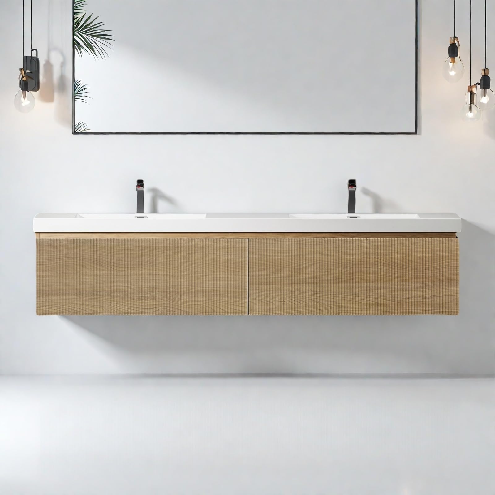 Wall Mounted Bathroom Sink Vanity, Modern 72" Floating Vanity with 2 Resin Top Basins and 2 U-Shaped Soft-Close Storage Drawers, Striped Bathroom Storage Cabinet with Invisible Handle, Wood