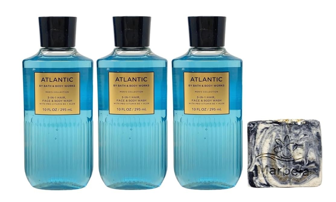 Bath & Body Works Men's Collection Atlantic - 3 Pack Of 3-in-1 Hair, Face & Body Wash with a Charcoal Scrub Bar Soap - Full Size