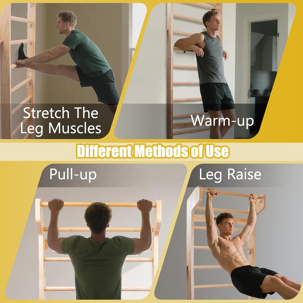 Wood Swedish Ladder with 11 Strategic Rods,Withstands up to 330 lbs,Stall Bar,Include Exercise Straps+Pull-Up Resistance Band+Pull-Up Bar,31.5”*86.6”,Wall Mounted,Stretching and Various Exercises,Indoor Home School Gym Fitness
