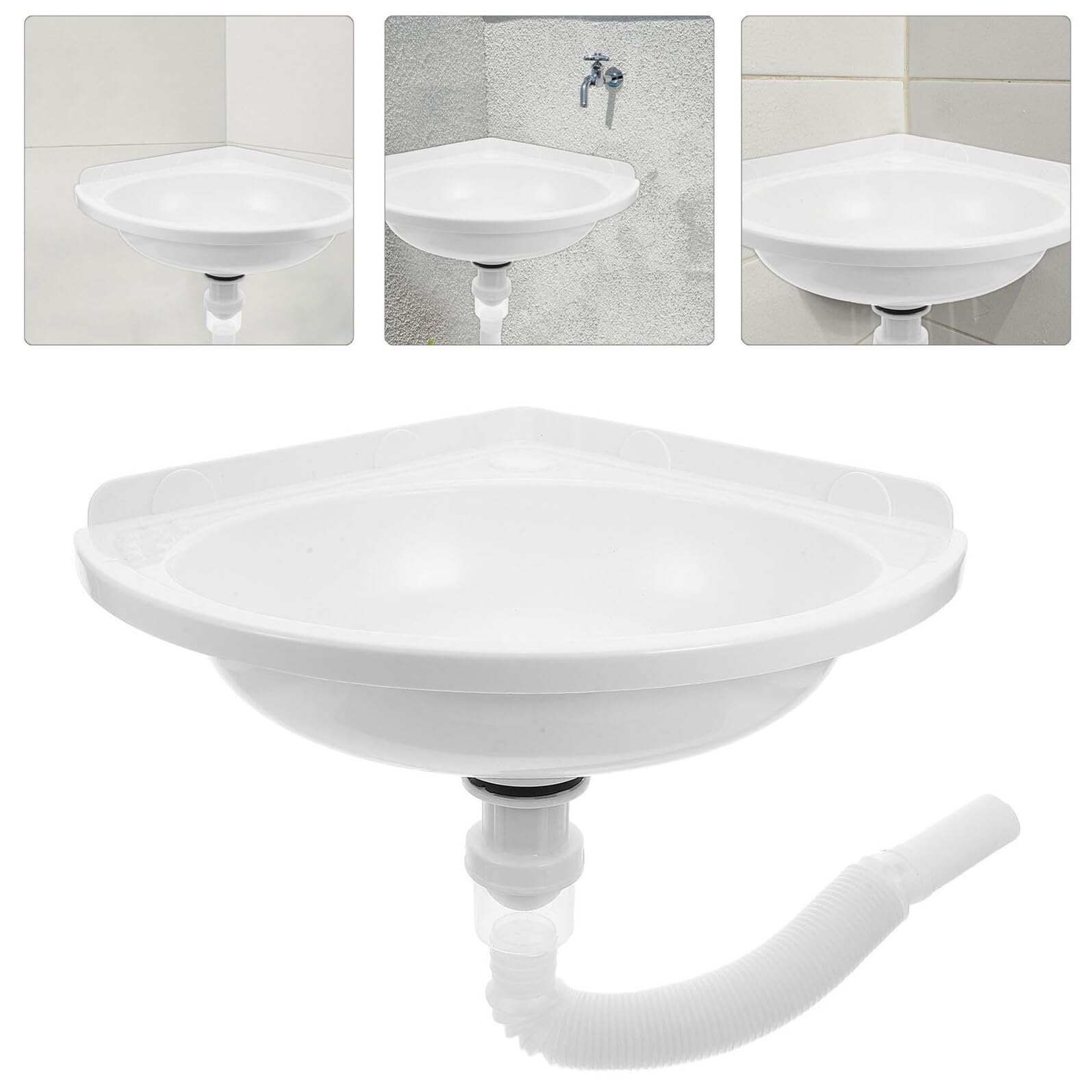 Veemoon Lavabo Pequeño de Esquina Montado Pared Blanco, de Plástico y Acero Inoxidable, Diseño Triangular Moderno para Optimizar Espacios en Baños Pequeños