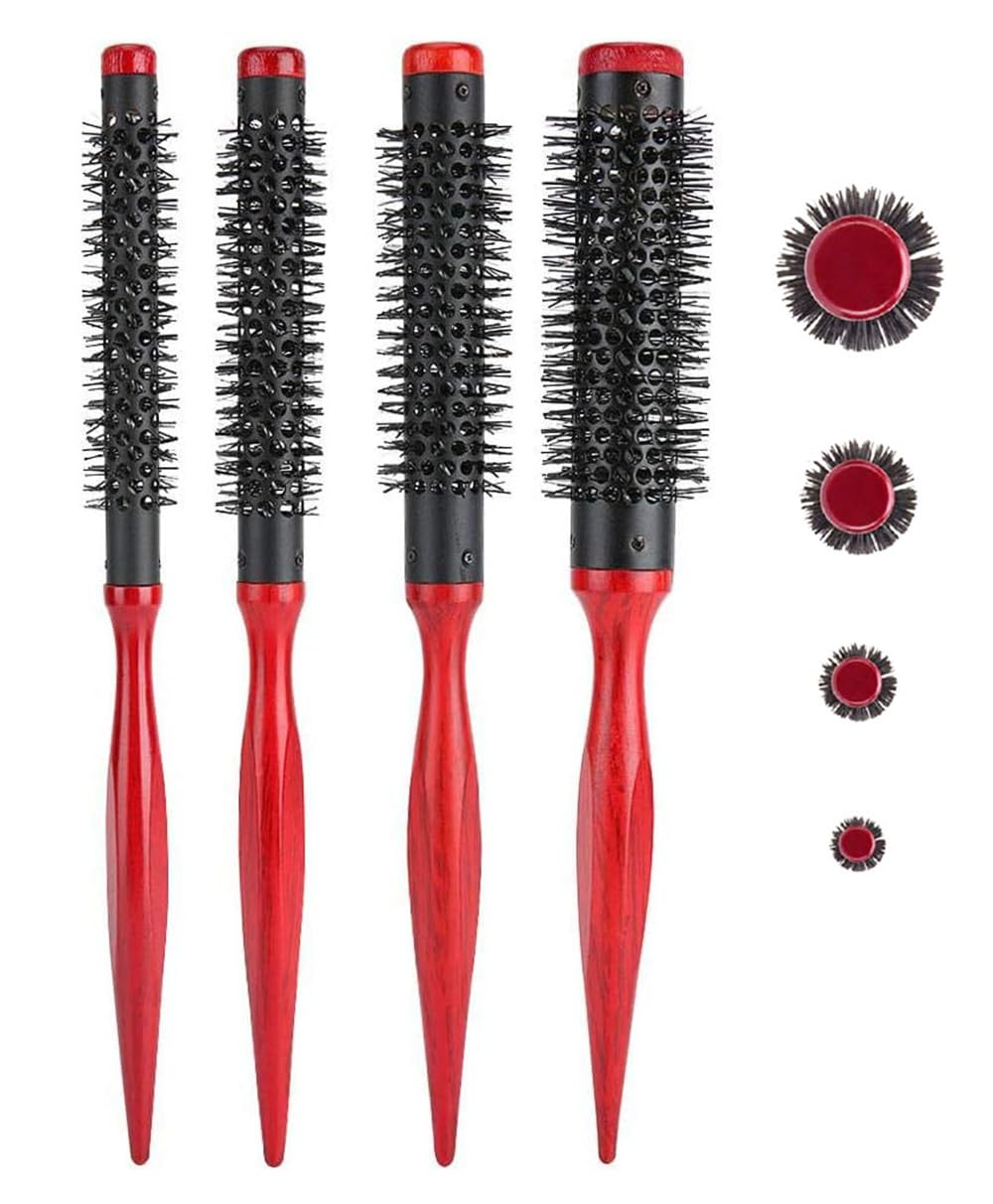 Round Hair Brush, Mini Round Bristle Beard Brush, Blowout Aluminum Nylon Hair Round Barrel Hair Brush with Nylon Pins, Blow Drying Handle Anti Static Hairbrush, for Hair Styling, Drying, Curling, 4Pcs
