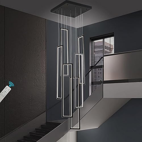 Miniatura 2 de Flashing God Candelabro LED moderno de 6 anillas, color negro, grande, contemporáneo, para escalera, lámparas de techo alto regulables con control