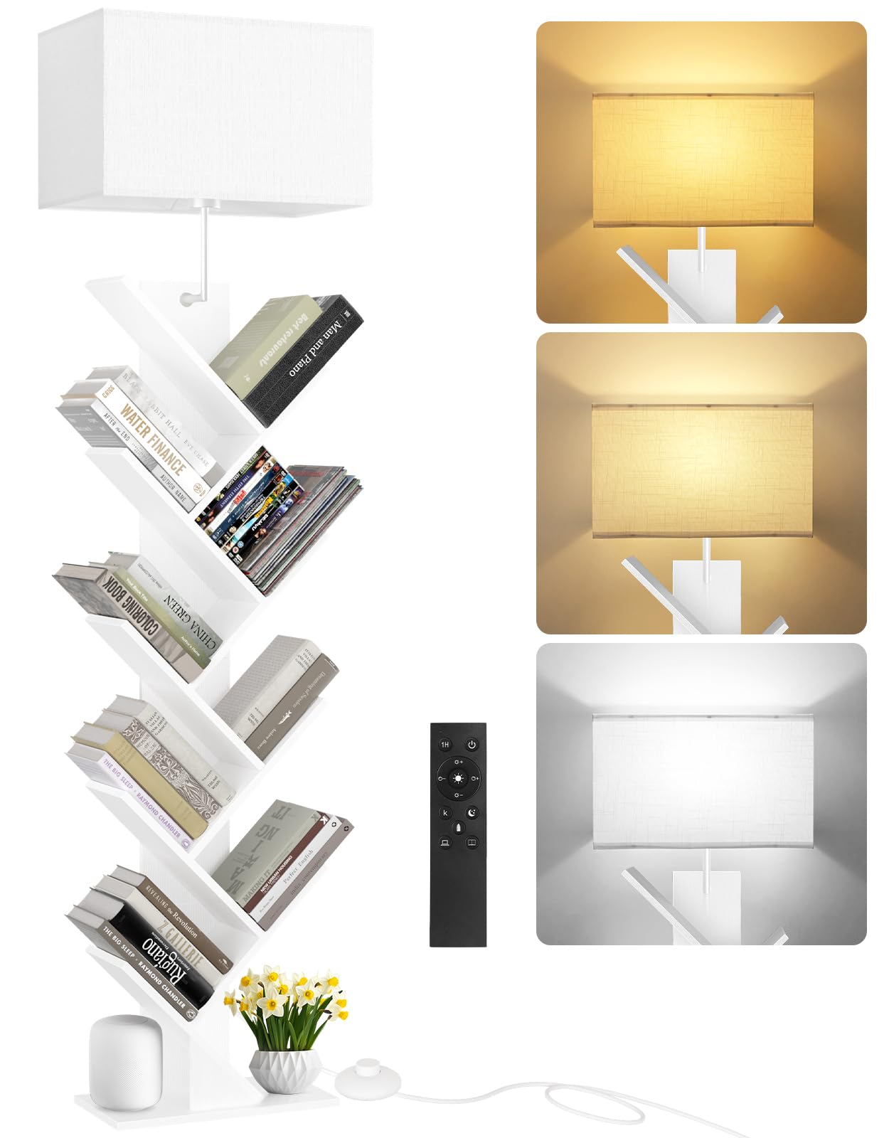 OUTONLIFE 9 Tier Tree Bookshelf with Light & Remote, Dimmable Tall Floor Standing Lamp, Narrow Wood Bookcase, Small Book Organizer Shelves for Living Room, Bedroom, Home Office (White)