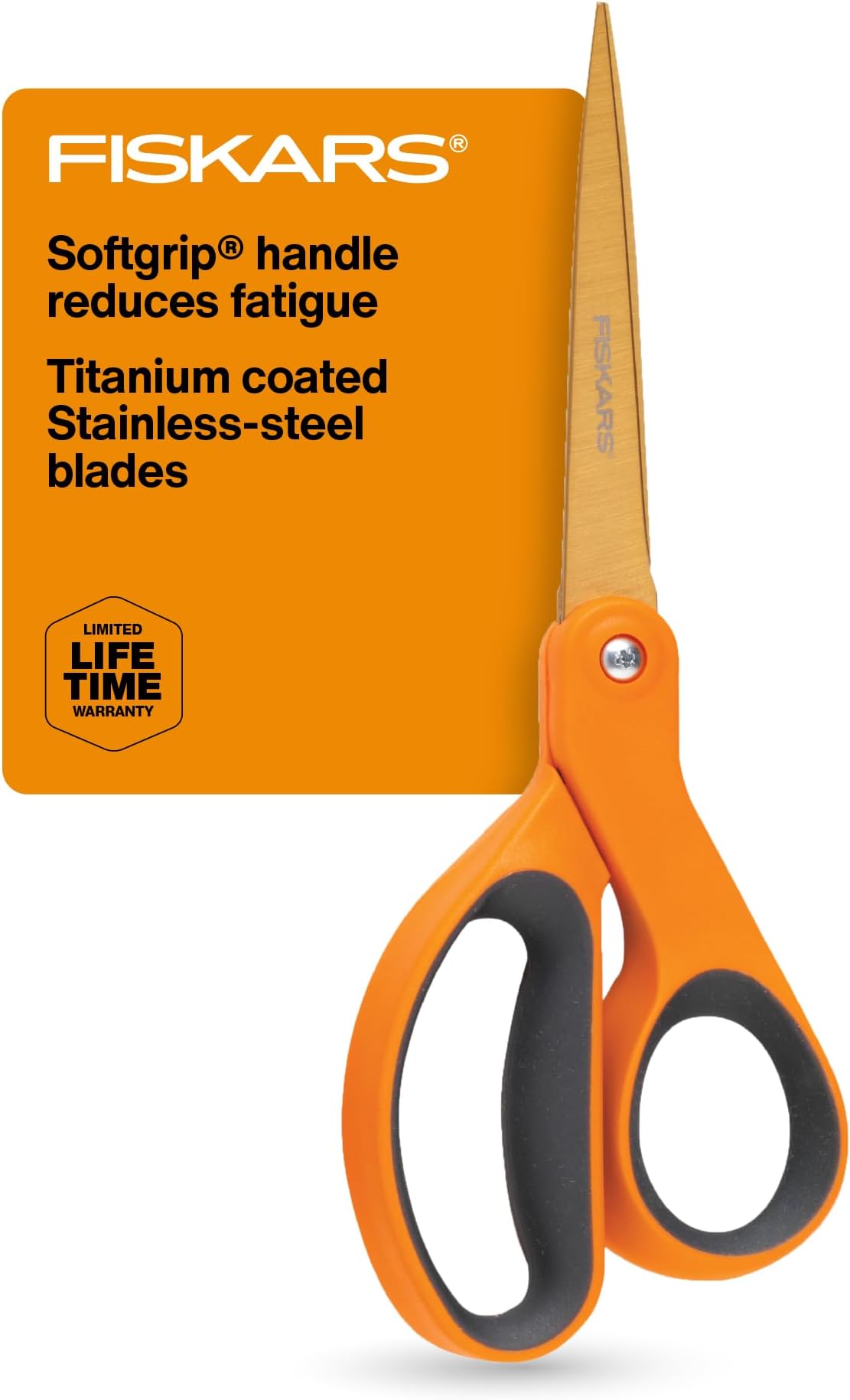 Fiskars SoftGrip Titanium Scissors All Purpose - 8" Straight Handle Scissors for Office, Arts, and Crafts - Orange