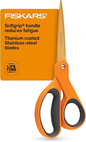 SoftGrip Titanium Scissors All Purpose - 8" Straight Handle Scissors for Office, Arts, and Crafts - Orange