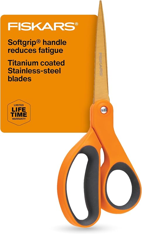SoftGrip Titanium Scissors All Purpose - 8" Straight Handle Scissors for Office, Arts, and Crafts - Orange