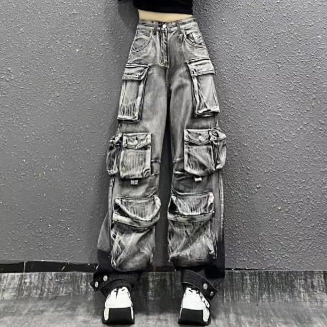 Women's Cargo Jeans Y2k High Waisted Baggy Pants Straight Wide Leg Jeans Multi-Pocket Boyfriend Jeans Streetwear3
